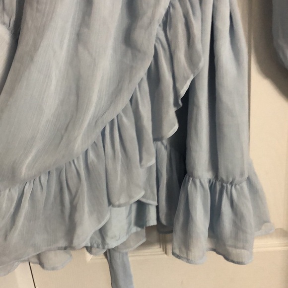 Lena Ruffled V-Neck Puff Sleeve Button Wrist True Wrap Mini Dress in Light Blue - Picture 8 of 12